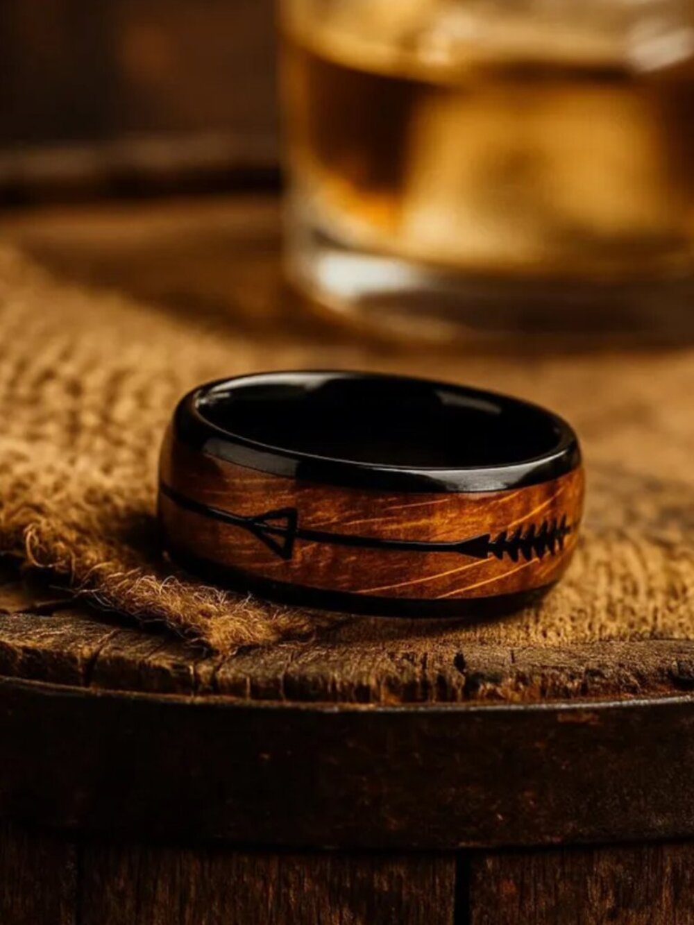 Ring-Shot to the Heart-Whiskey Barrel Oak Black Arrow Design Tungsten Carbide